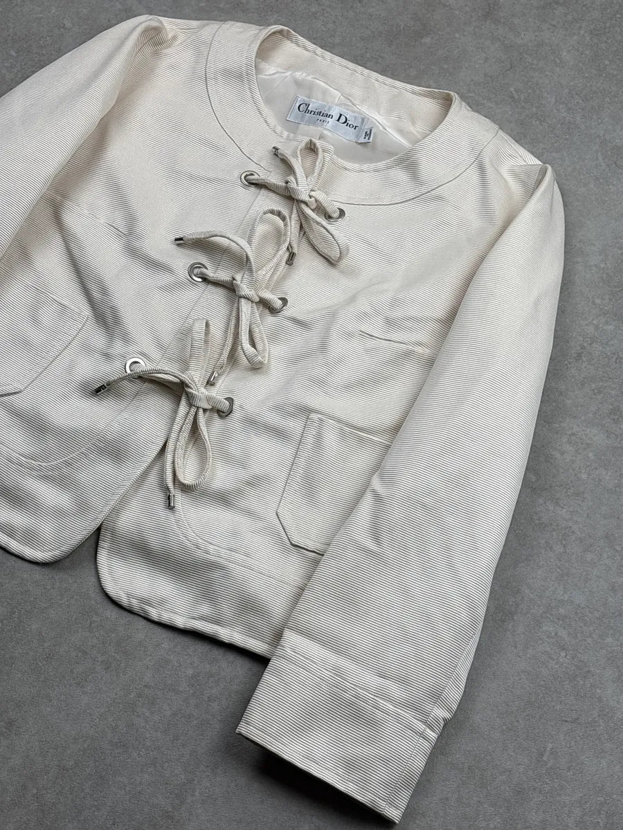 SS2009 Christian Dior Ivory Silk Lace-Up Ribbed Light Jacket sORhxvHR 3