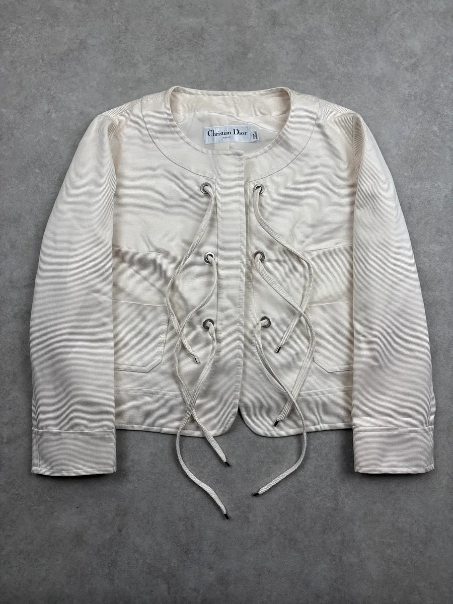 SS2009 Christian Dior Ivory Silk Lace-Up Ribbed Light Jacket sORhxvHR 4