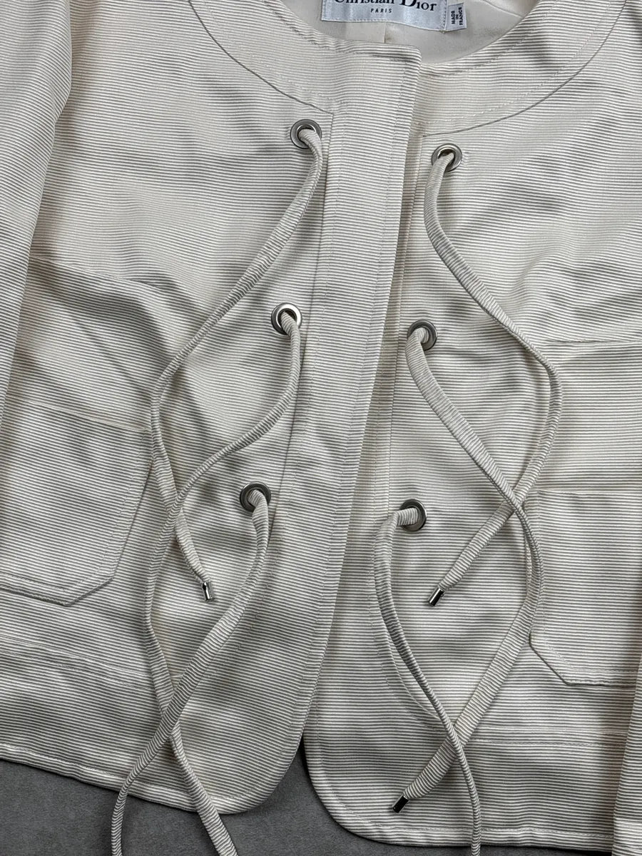 SS2009 Christian Dior Ivory Silk Lace-Up Ribbed Light Jacket sORhxvHR 9