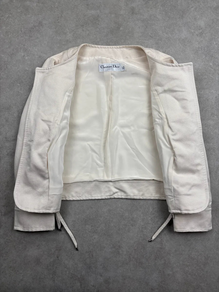 SS2009 Christian Dior Ivory Silk Lace-Up Ribbed Light Jacket sORhxvHR 5
