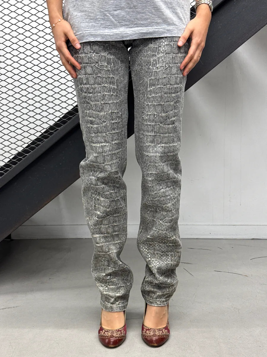 2000s Roberto Cavalli Grey Crocodile Effect Pants VzQNLaVX 0