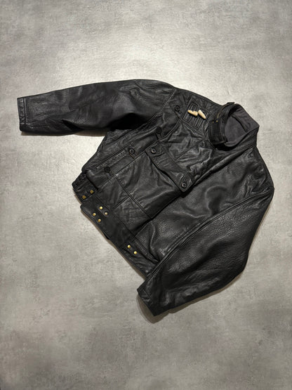 1990s Mac Douglas Black Asymmetrical Combat Leather Bomber Jacket (M/L) - 11