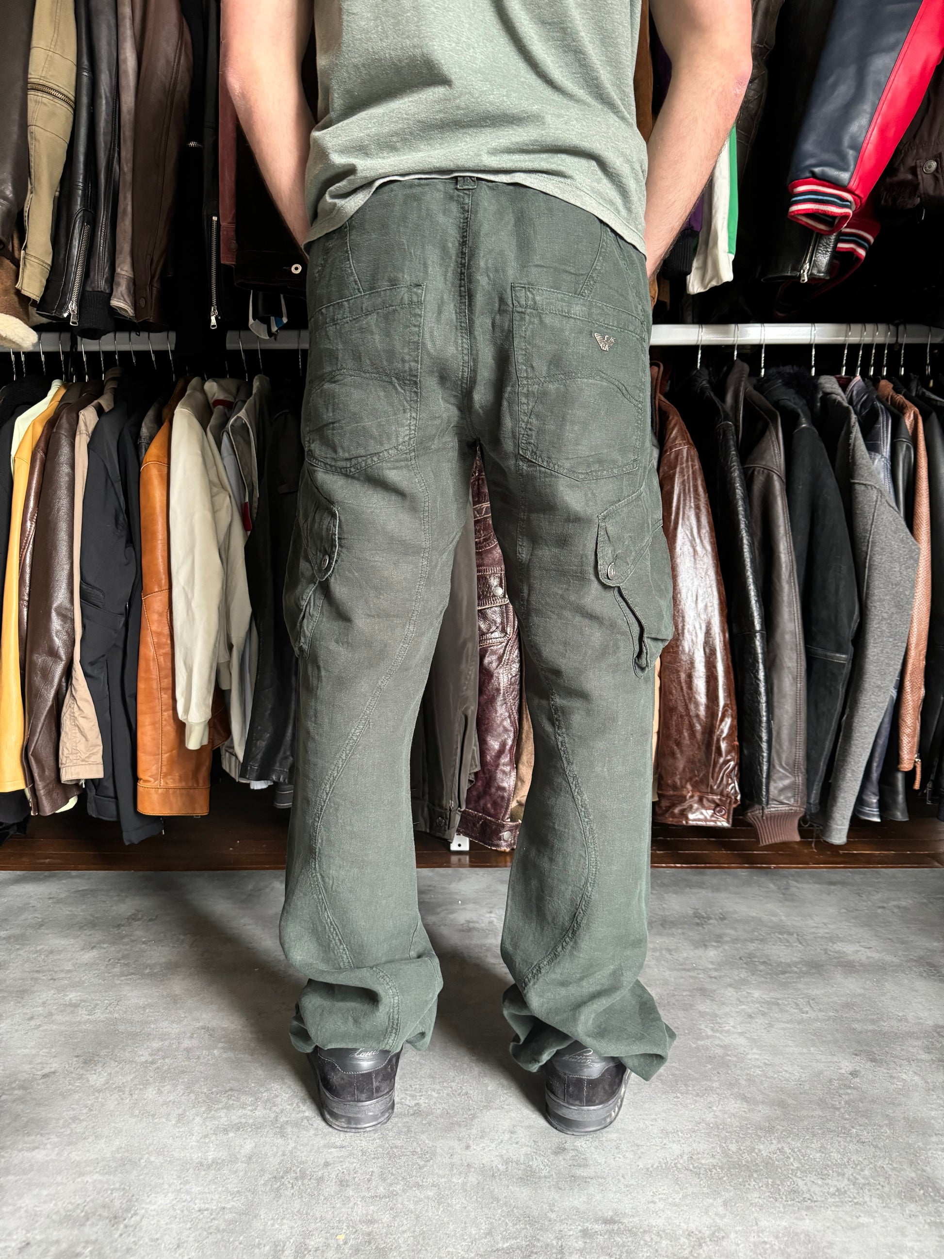 2000s Armani Olive Linen Cozy Cargo Pants  (XL) - 5