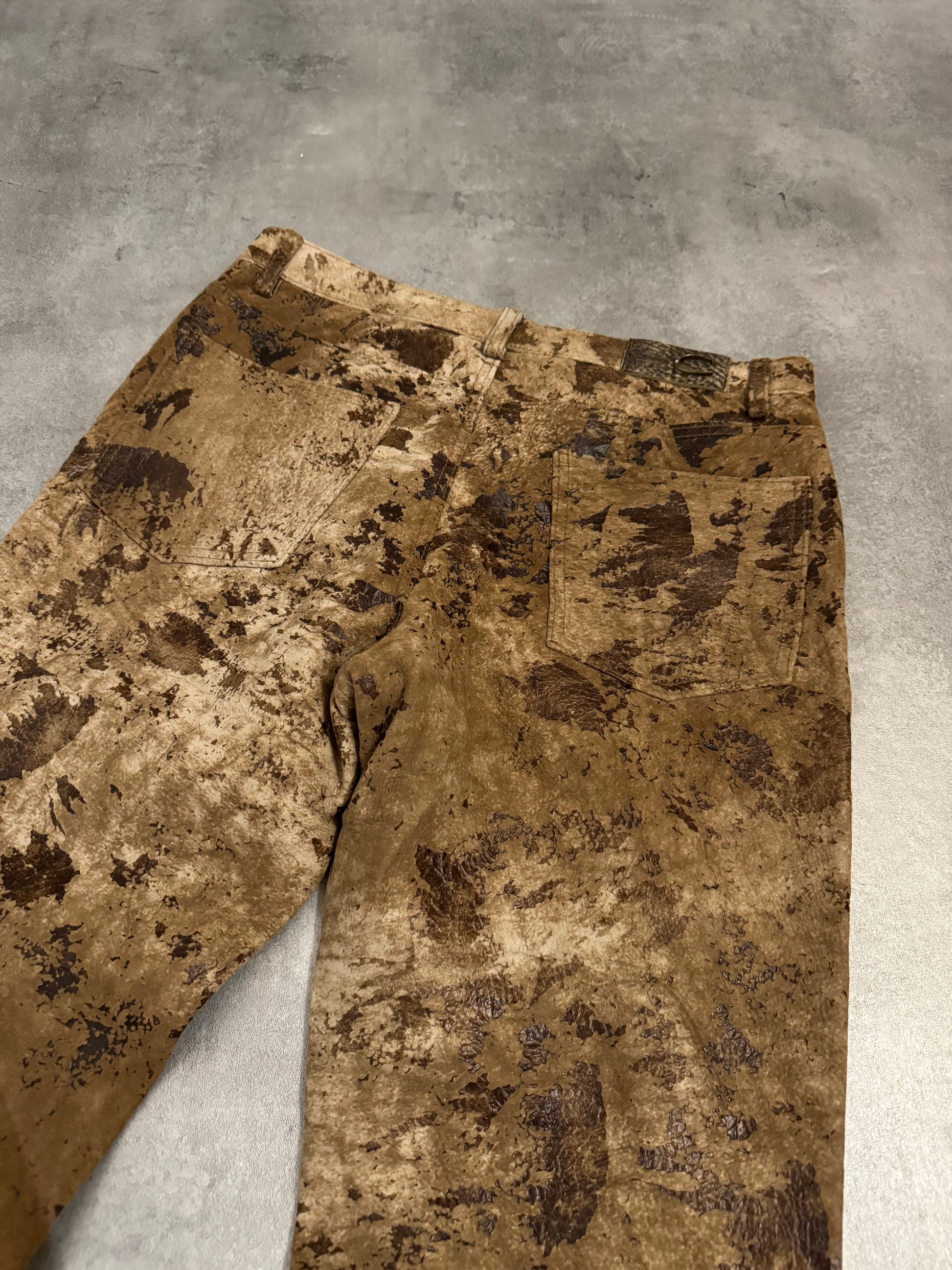 AW2004 Cavalli Textured Brown Eroded Camouflage Leather Pants (M) - 4