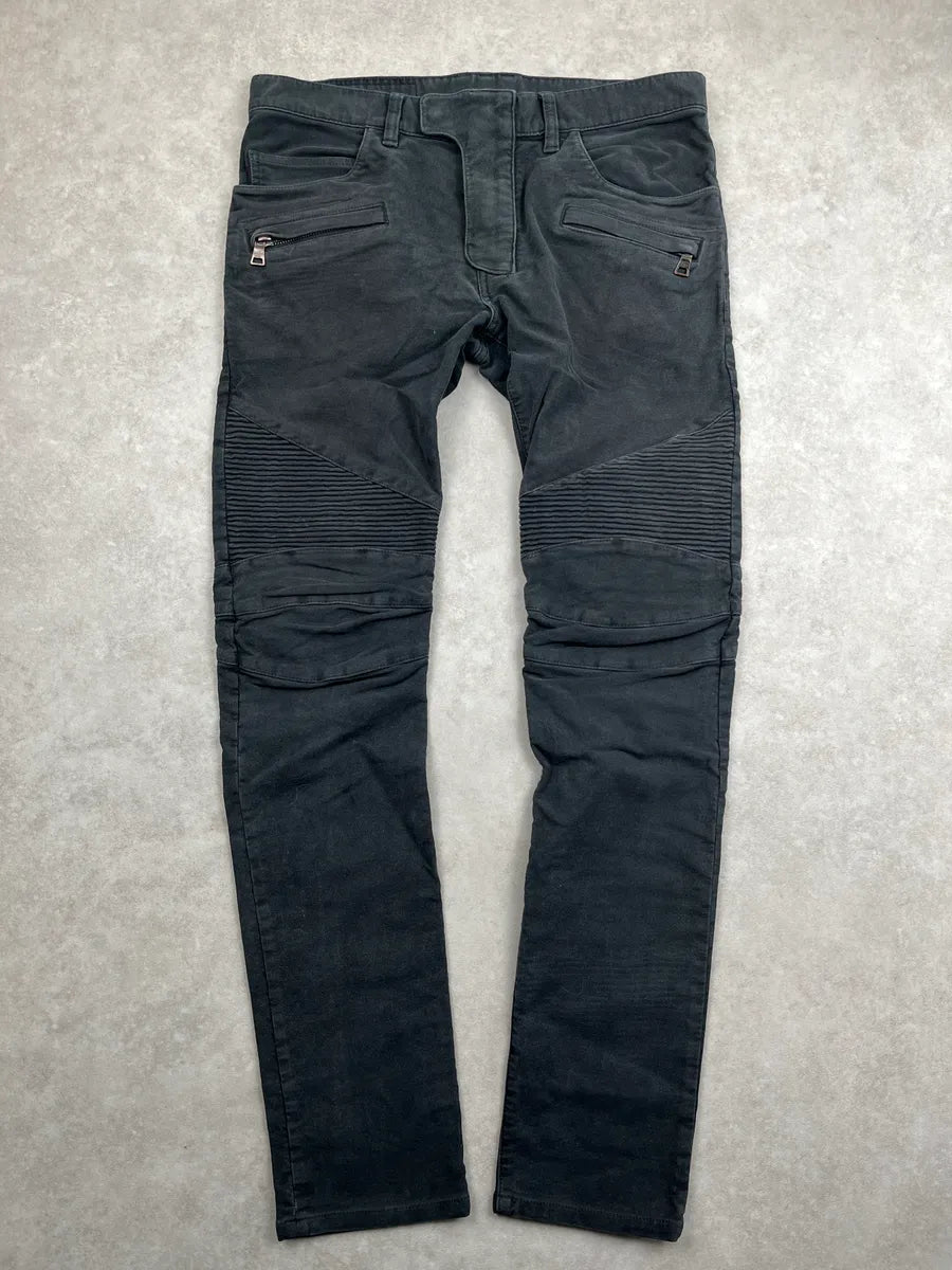 AW2015 Balmain Black Denim Biker Zip Pocket Jeans WJksimez 0
