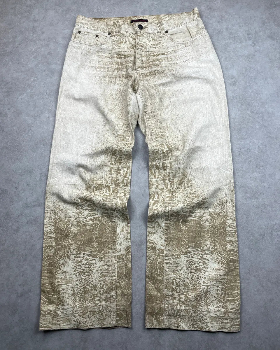 2000s Roberto Cavalli Beige Denim Marble Print Wide-Leg Jeans WRdOMjdl 0