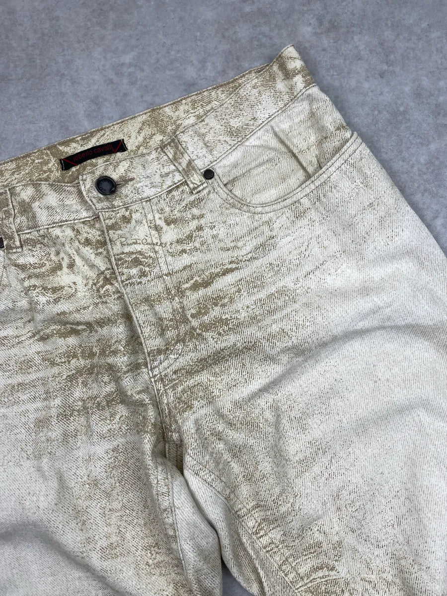 2000s Roberto Cavalli Beige Denim Marble Print Wide-Leg Jeans WRdOMjdl 7