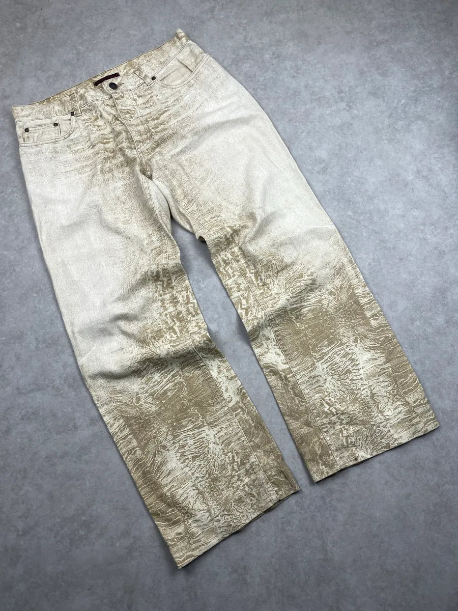 2000s Roberto Cavalli Beige Denim Marble Print Wide-Leg Jeans WRdOMjdl 4