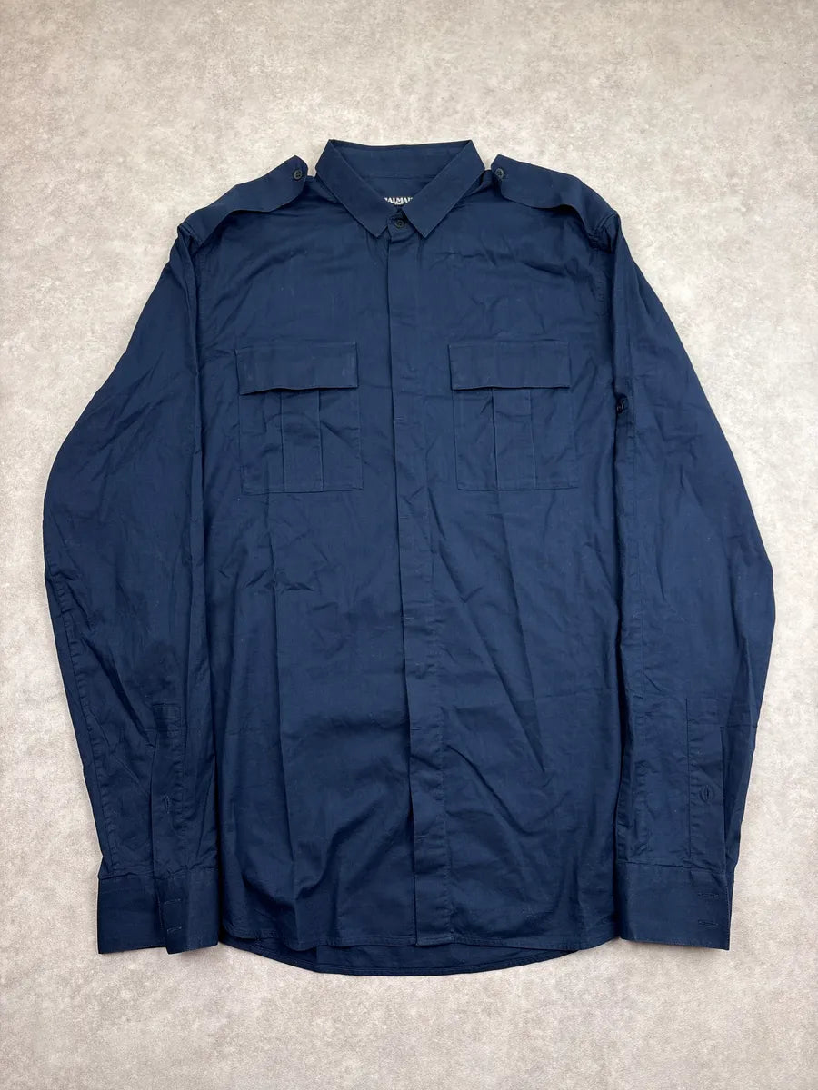 SS2017 Balmain Navy Epaulette Officer Military Shirt WUZoGTst 0