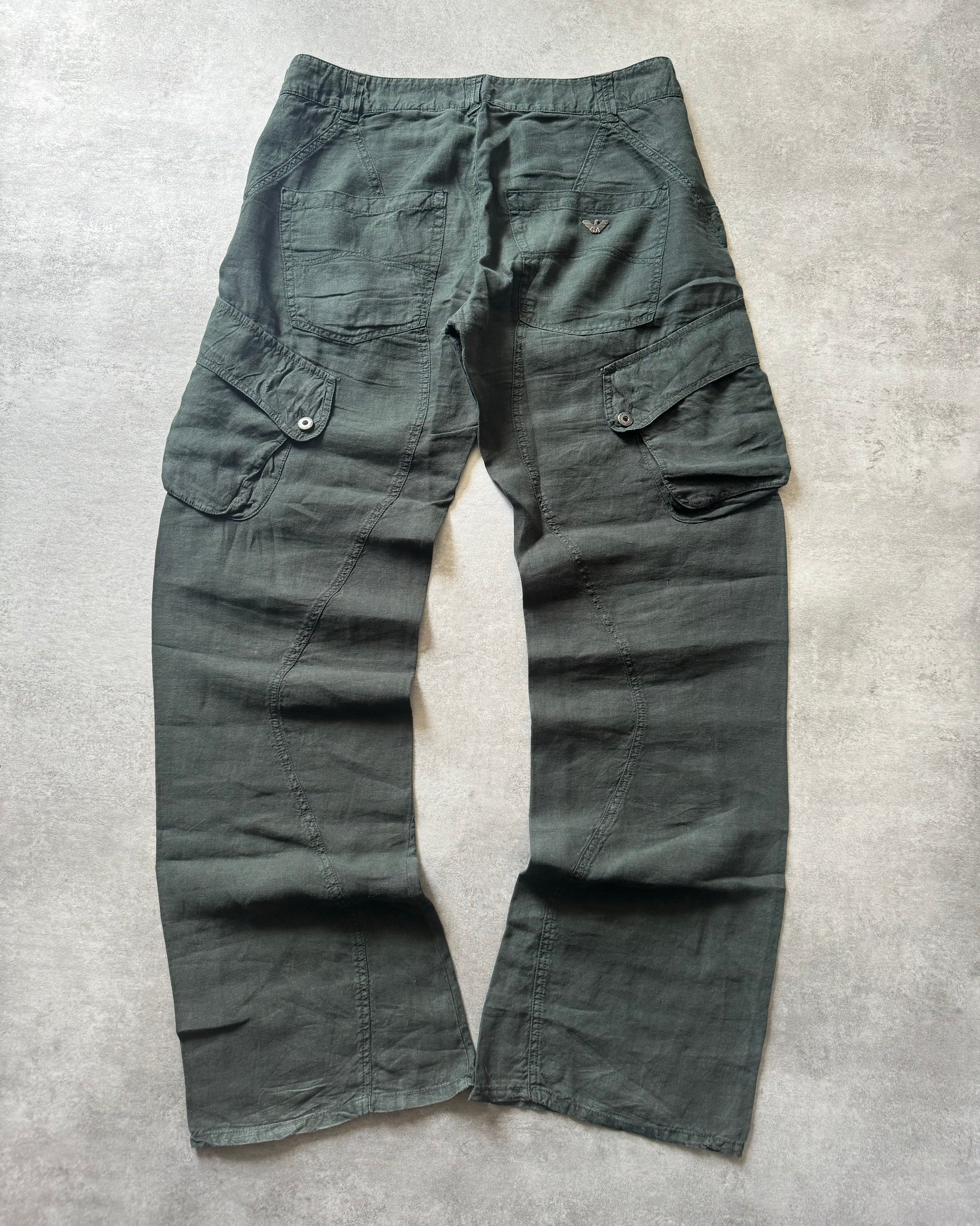 2000s Armani Olive Linen Cozy Cargo Pants  (XL) - 3