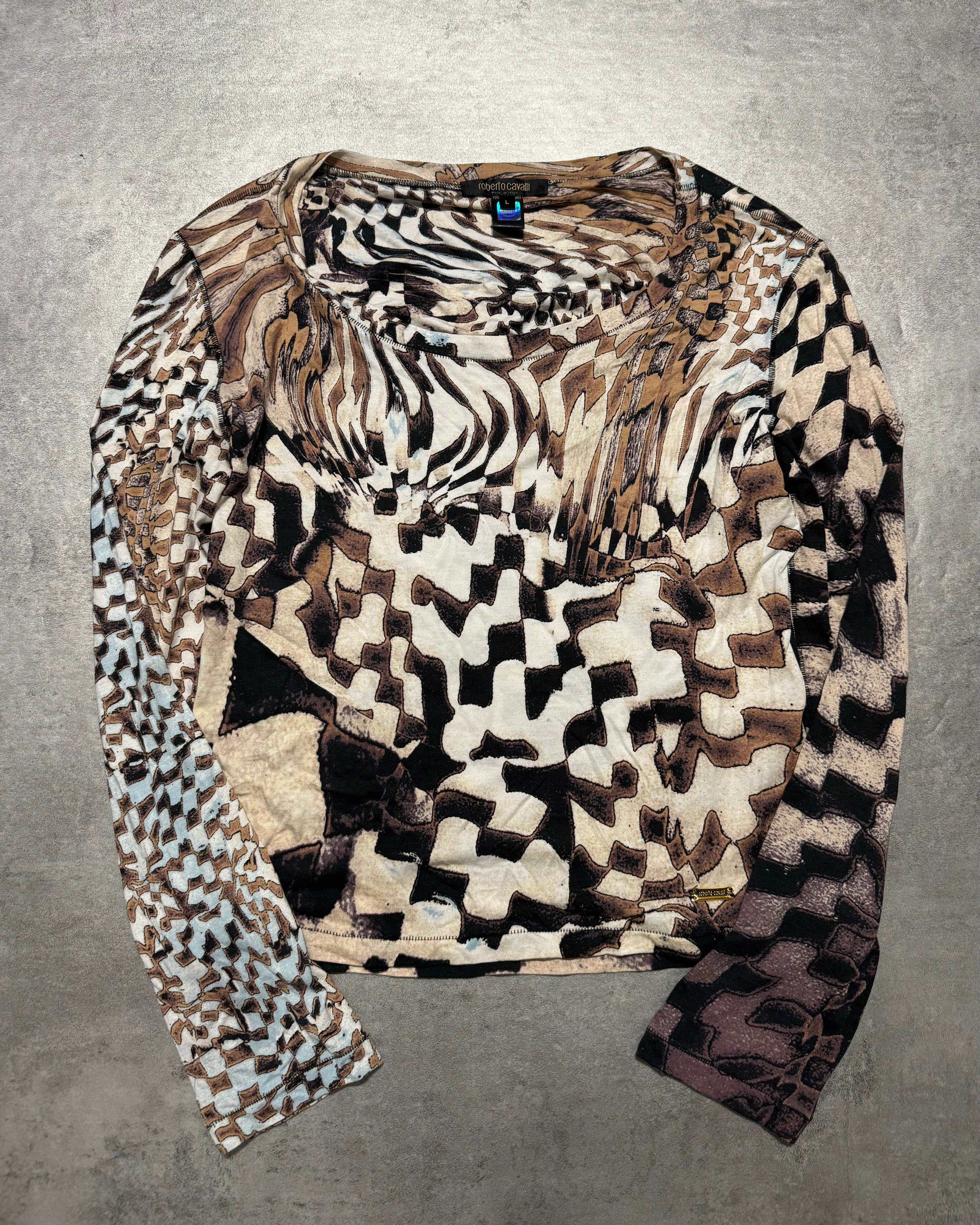 AW2003 Roberto Cavalli Brown Geometrical Psycho Mesh Top  (XS/S) - 1