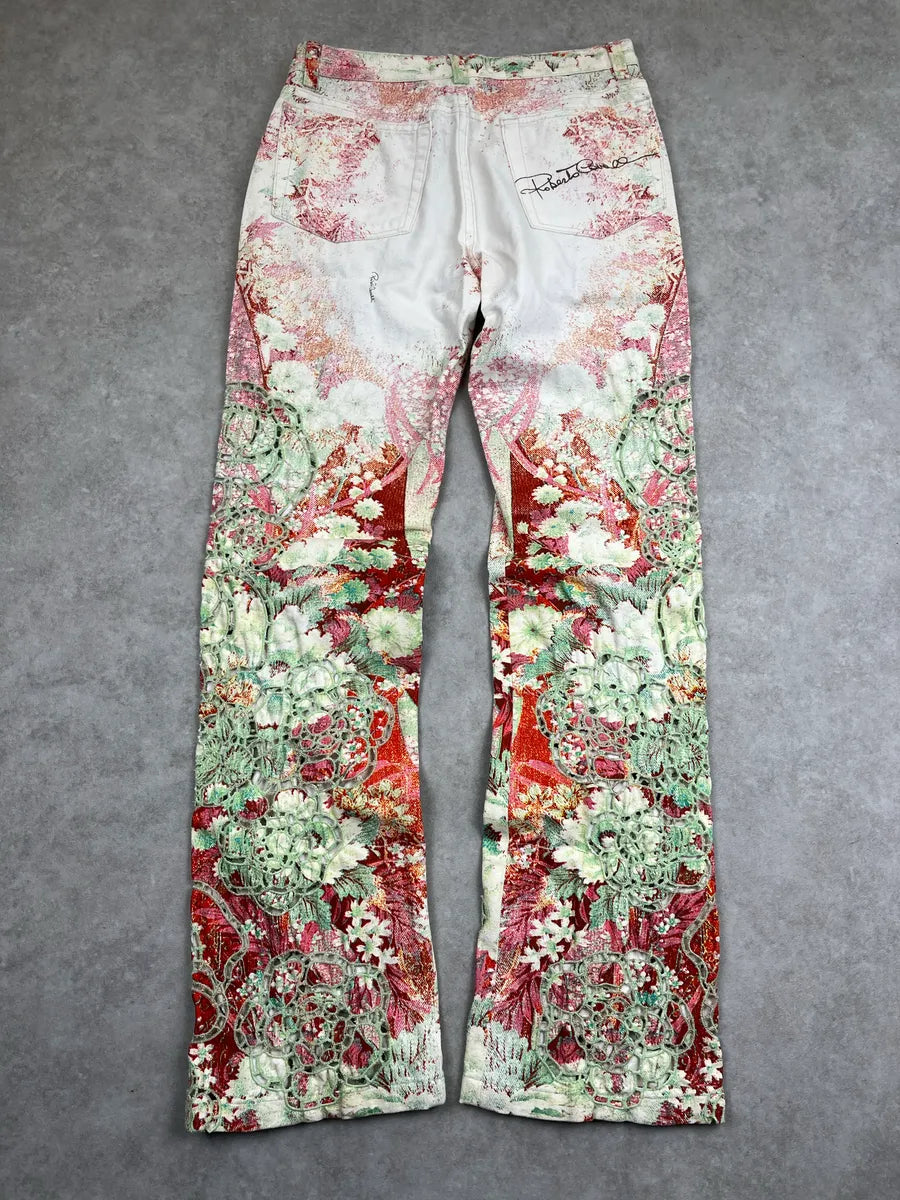 SS2002 Roberto Cavalli Off-White Denim Floral Lazer Cut Pants WrGPUqtq 4