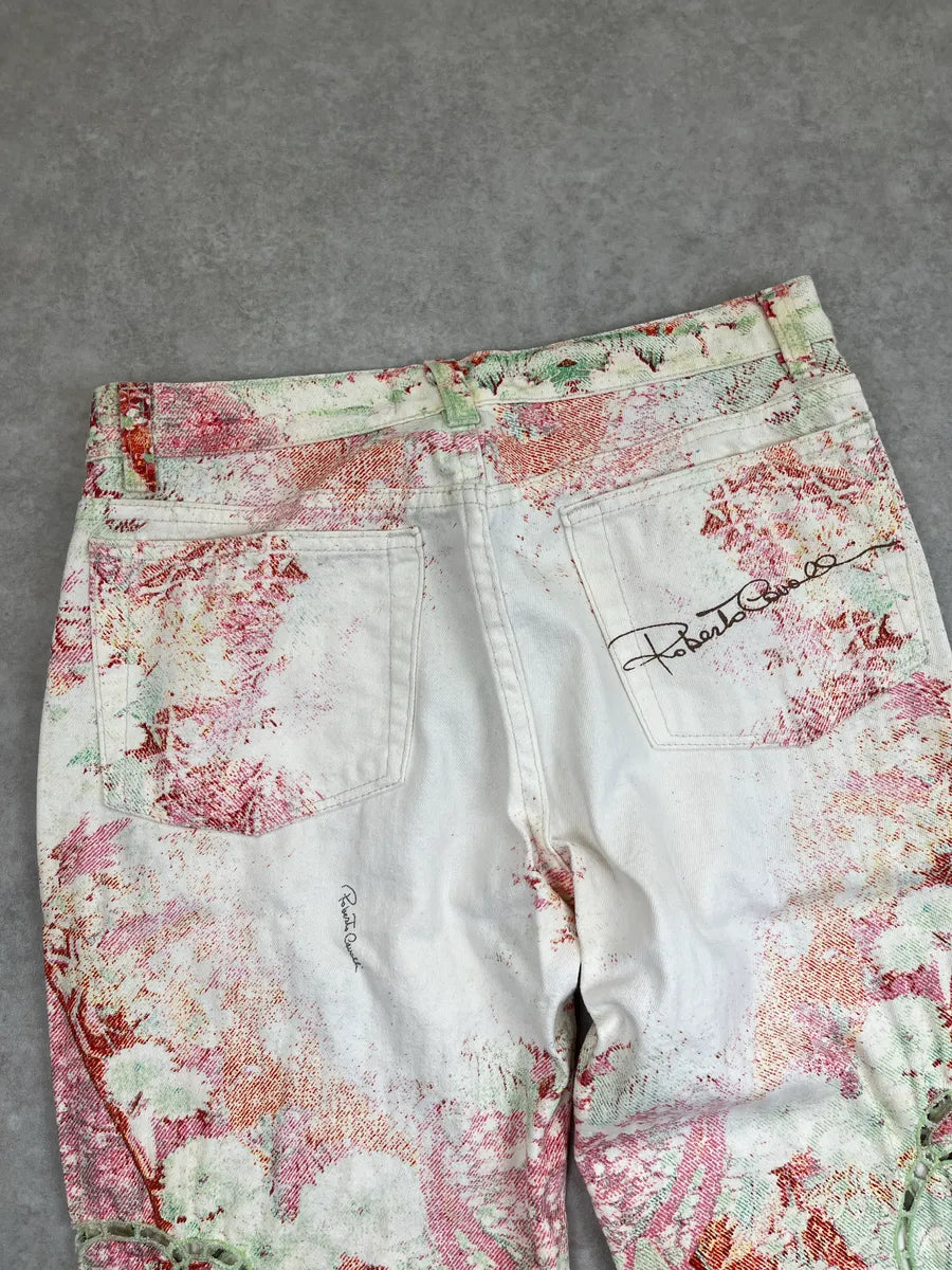 SS2002 Roberto Cavalli Off-White Denim Floral Lazer Cut Pants WrGPUqtq 7