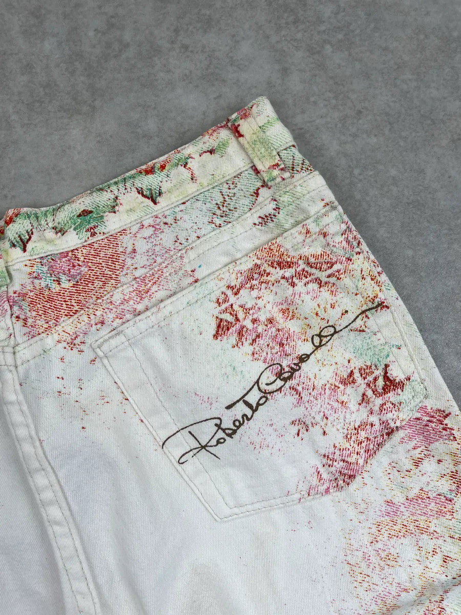 SS2002 Roberto Cavalli Off-White Denim Floral Lazer Cut Pants WrGPUqtq 8