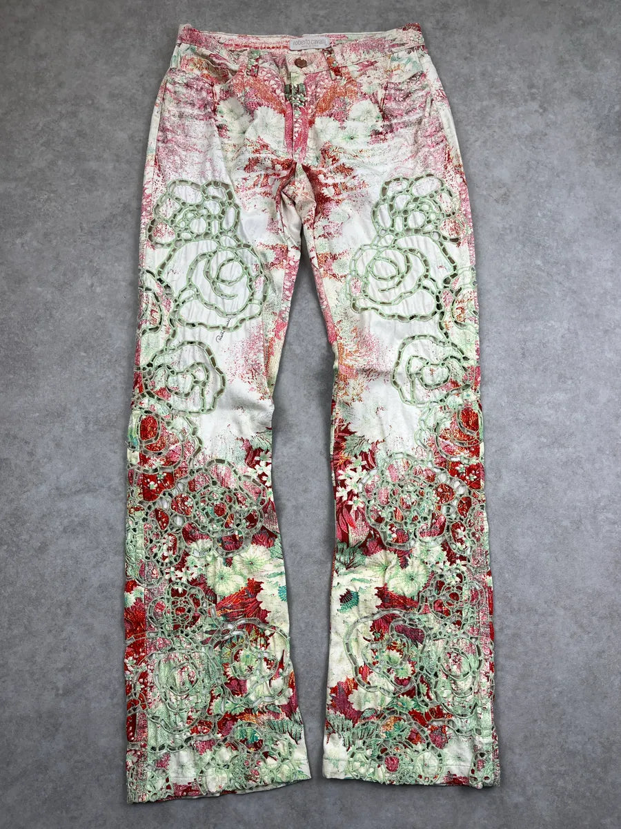 SS2002 Roberto Cavalli Off-White Denim Floral Lazer Cut Pants WrGPUqtq 0