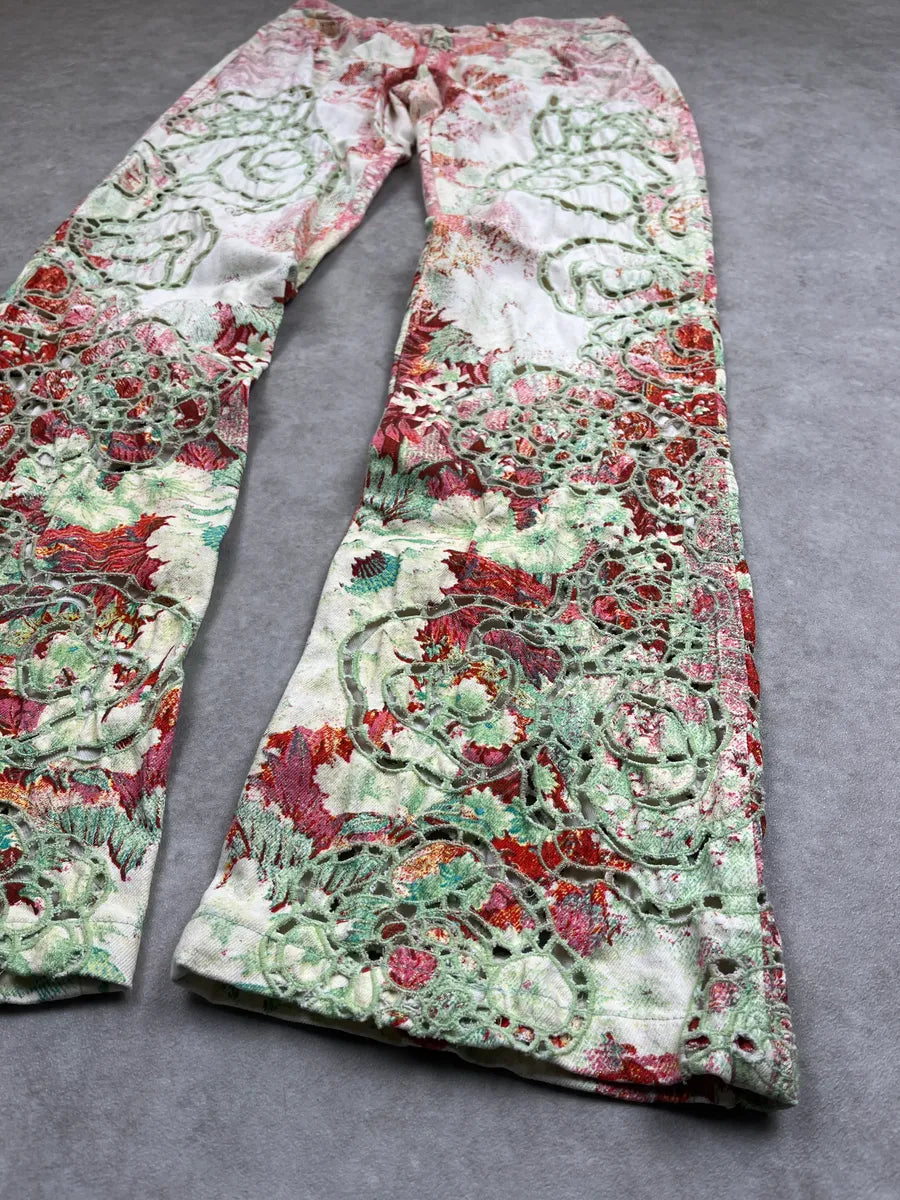 SS2002 Roberto Cavalli Off-White Denim Floral Lazer Cut Pants WrGPUqtq 5