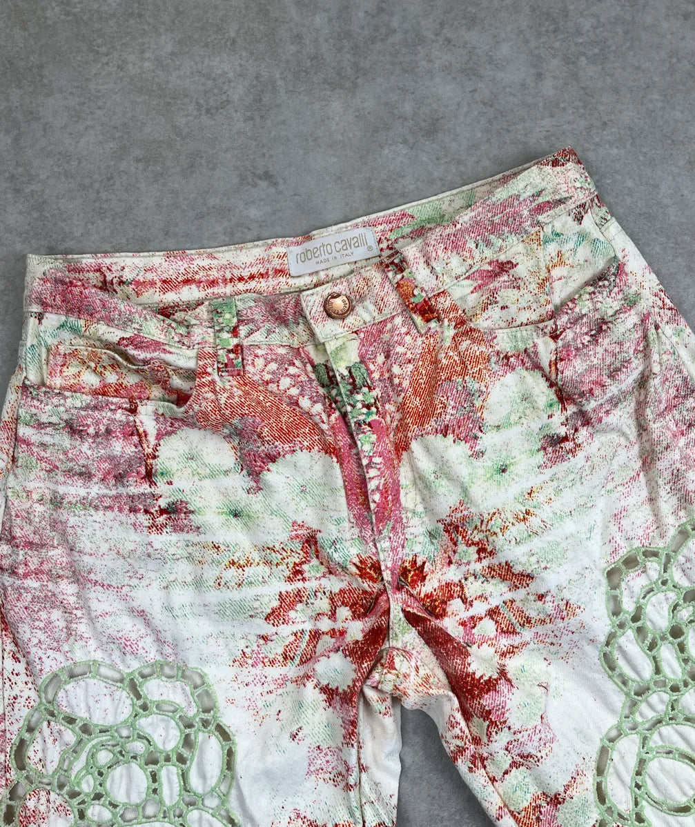 SS2002 Roberto Cavalli Off-White Denim Floral Lazer Cut Pants WrGPUqtq 9