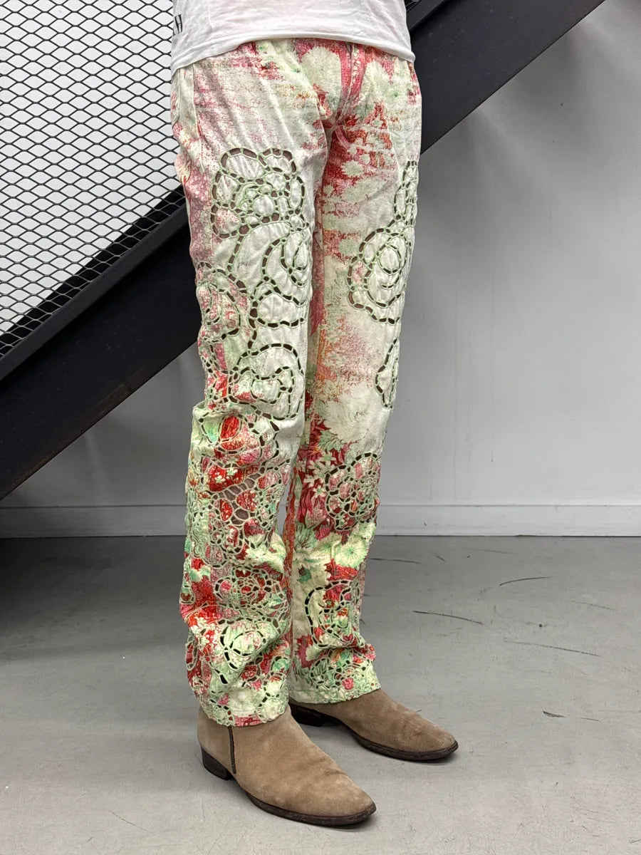 SS2002 Roberto Cavalli Off-White Denim Floral Lazer Cut Pants WrGPUqtq 1
