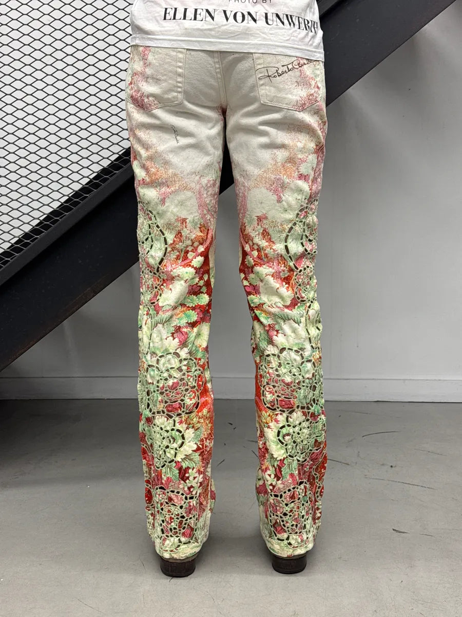 SS2002 Roberto Cavalli Off-White Denim Floral Lazer Cut Pants WrGPUqtq 2