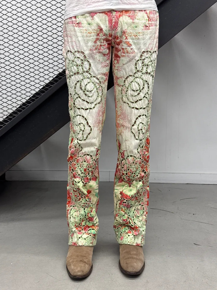 SS2002 Roberto Cavalli Off-White Denim Floral Lazer Cut Pants WrGPUqtq 3
