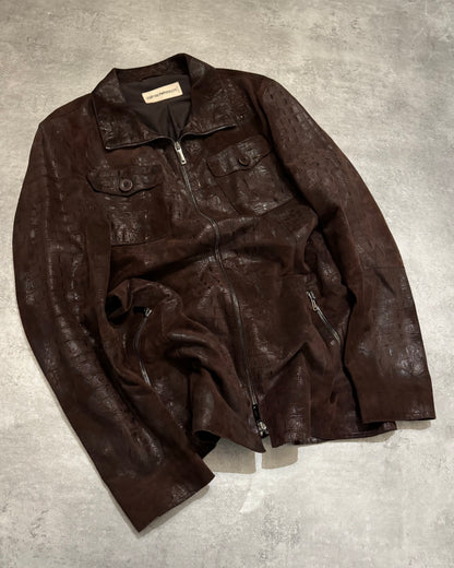 FW2005 Emporio Armani Brown Crocodile Effect Textured Leather Jacket (M) - 4