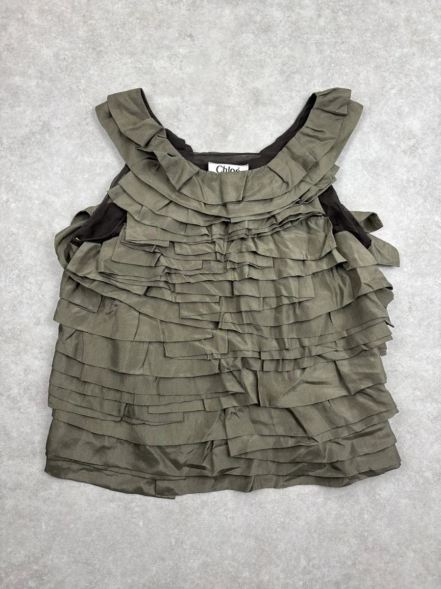 AW2006 Chloé Khaki Green Relief Silk Tank Top  WwXRglTz 0