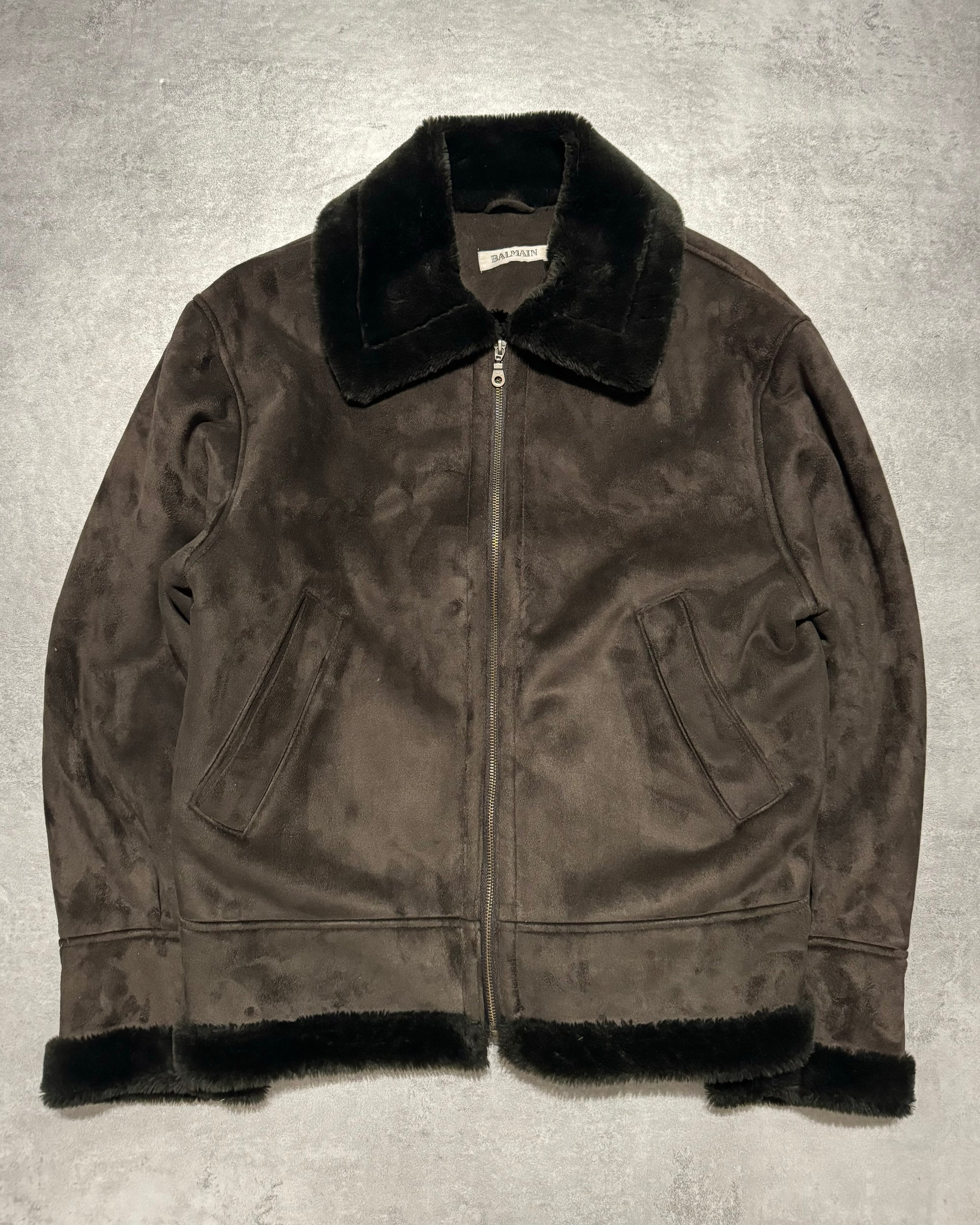 2000s Balmain Brown Faux Fur Shearling Aviator Jacket (L) - 1