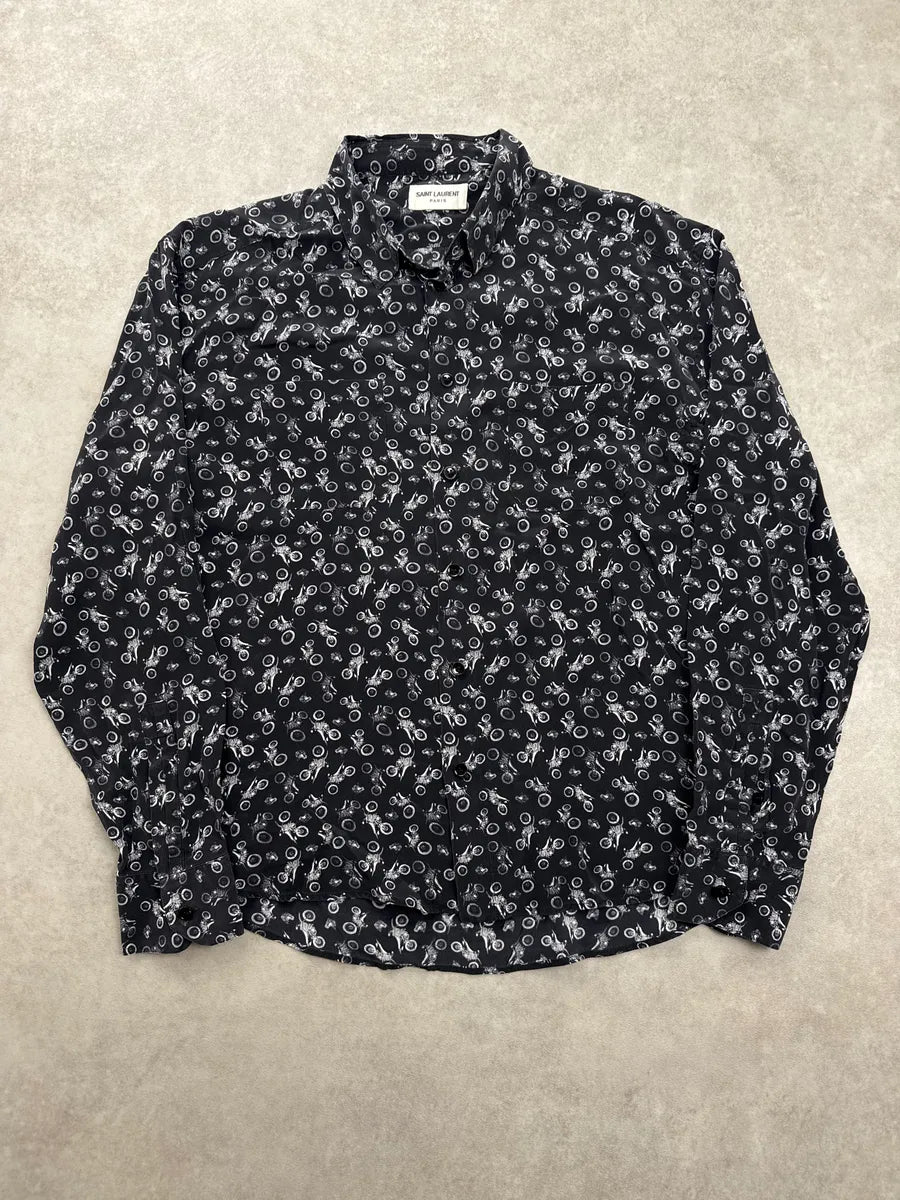 SS2018 Saint Laurent Black Silk Motocross Print Shirt XCrpbylR 0