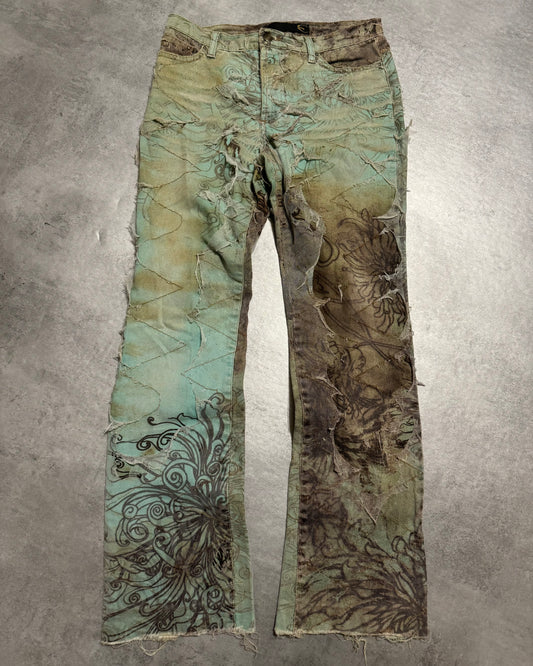 2000s Cavalli Destructured Artistic Floral Blue Pants (S) - 1