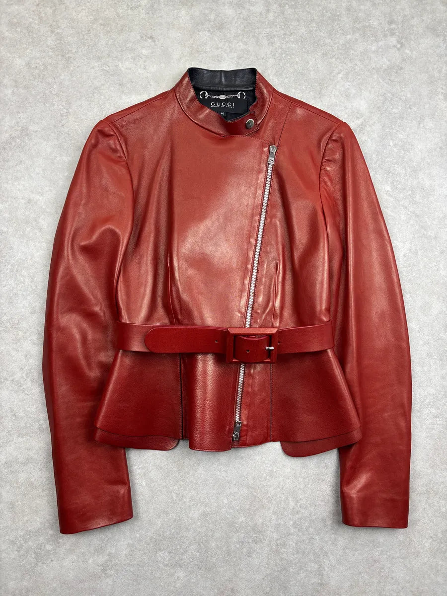 SS1999 Gucci Red Asymmetric Belt Peplum Leather Jacket XXVOqZIr 0