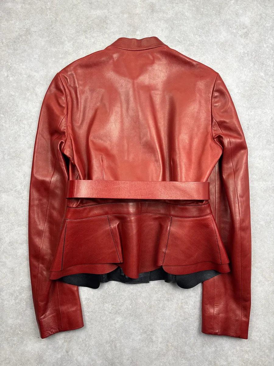 SS1999 Gucci Red Asymmetric Belt Peplum Leather Jacket XXVOqZIr 5