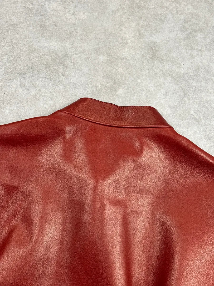 SS1999 Gucci Red Asymmetric Belt Peplum Leather Jacket XXVOqZIr 9
