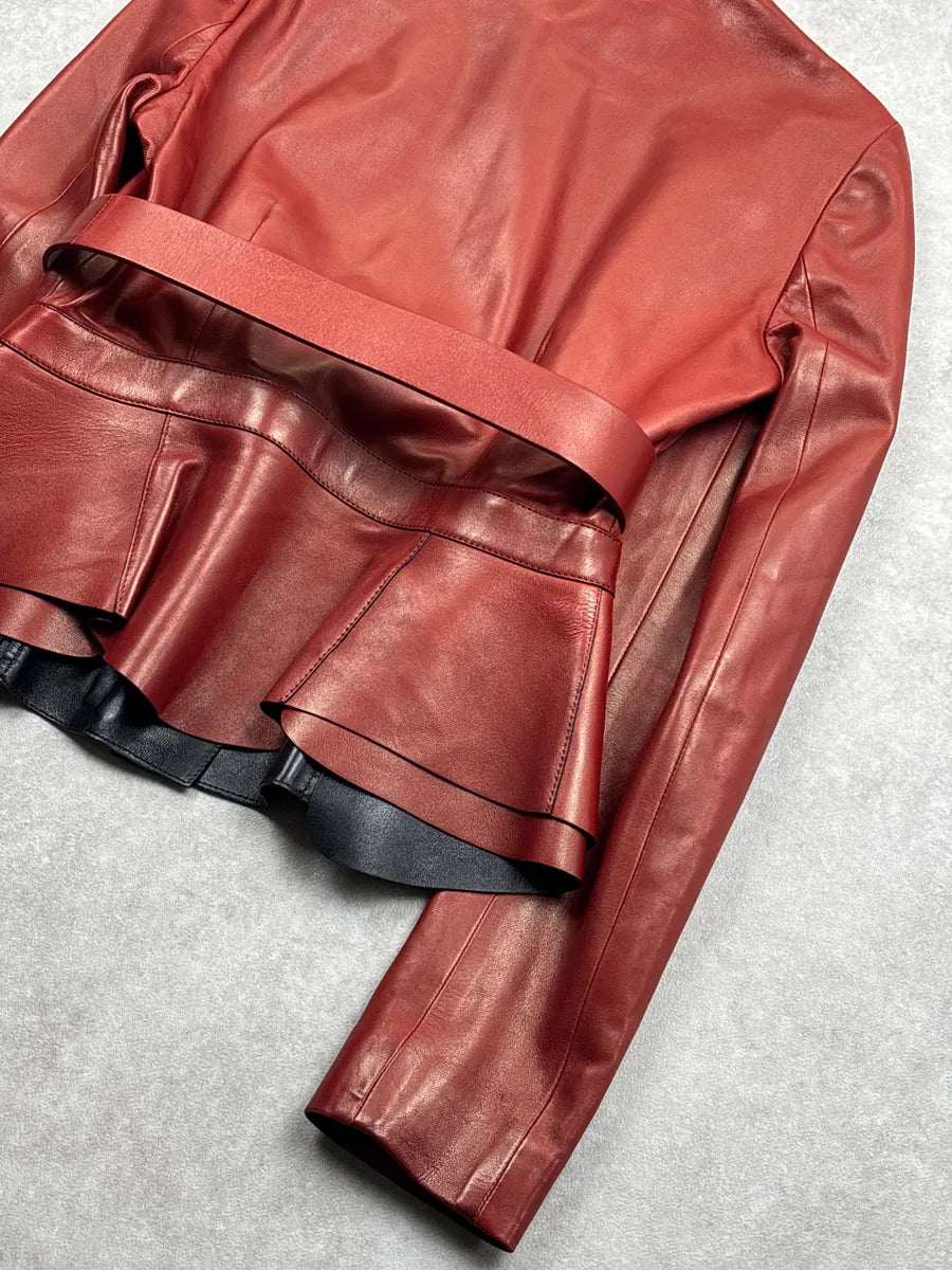 SS1999 Gucci Red Asymmetric Belt Peplum Leather Jacket XXVOqZIr 6
