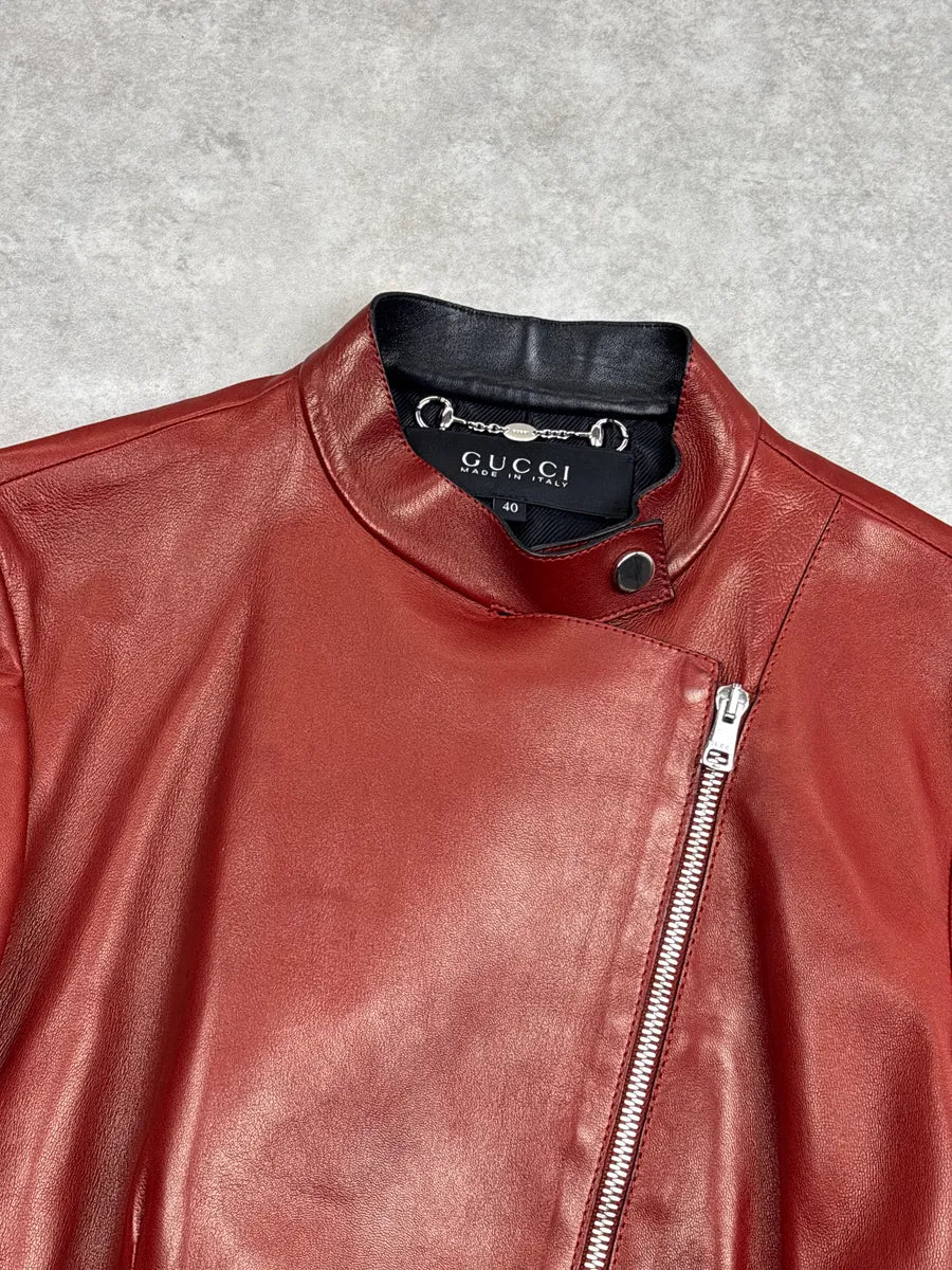 SS1999 Gucci Red Asymmetric Belt Peplum Leather Jacket XXVOqZIr 11