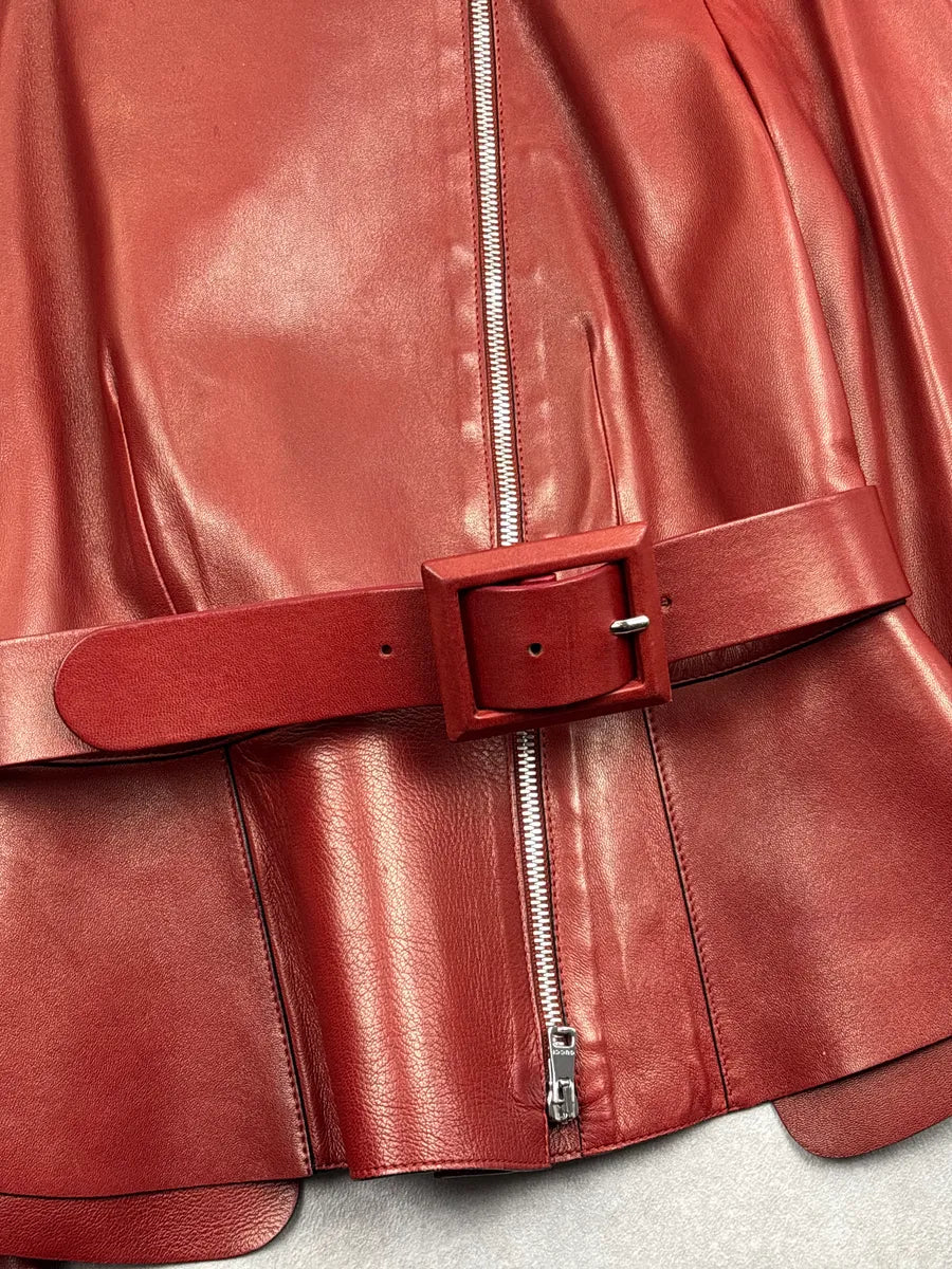 SS1999 Gucci Red Asymmetric Belt Peplum Leather Jacket XXVOqZIr 7