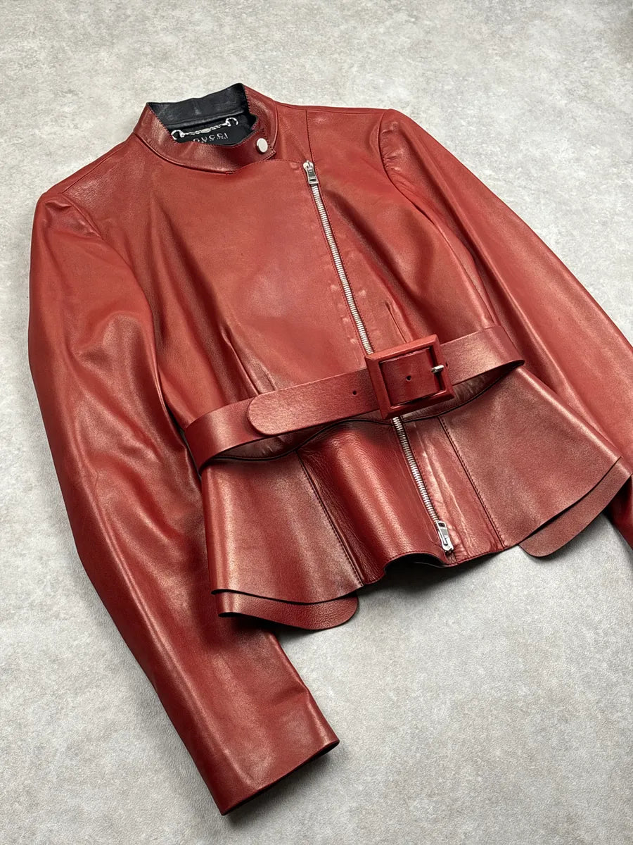 SS1999 Gucci Red Asymmetric Belt Peplum Leather Jacket XXVOqZIr 3
