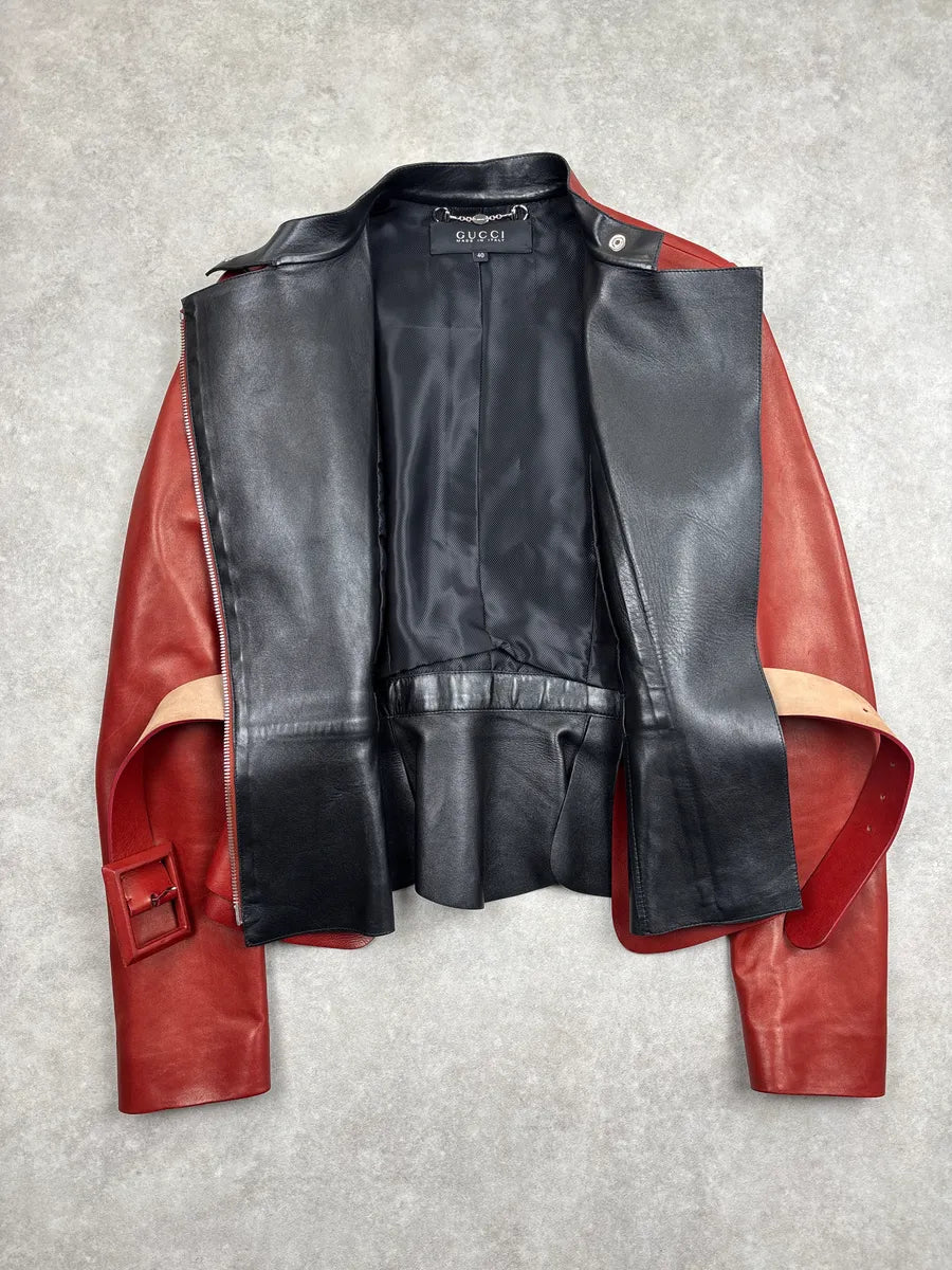 SS1999 Gucci Red Asymmetric Belt Peplum Leather Jacket XXVOqZIr 4