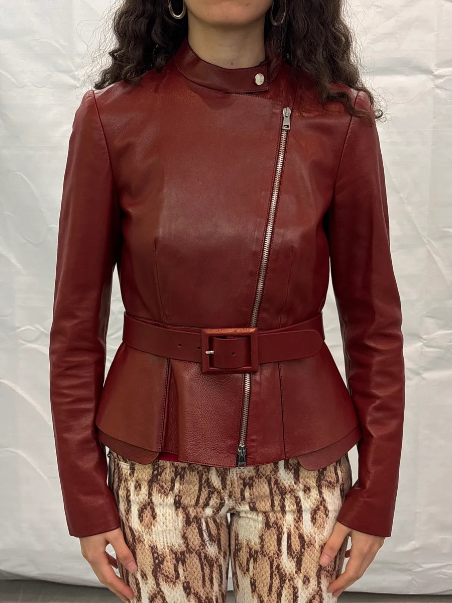 SS1999 Gucci Red Asymmetric Belt Peplum Leather Jacket XXVOqZIr 1