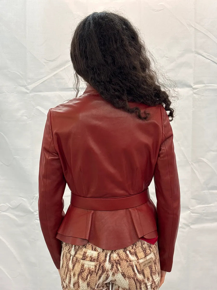 SS1999 Gucci Red Asymmetric Belt Peplum Leather Jacket XXVOqZIr 2