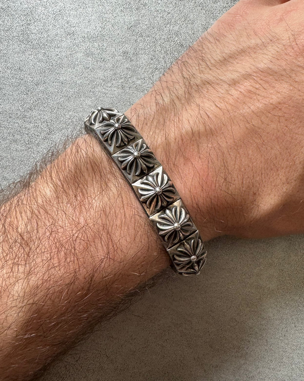 Chrome Hearts Pyramid Hinged Silver Leather Bracelet (OS) - 1