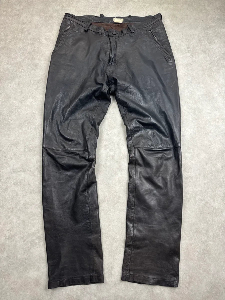 1990s Dries Van Noten Dark Brown Leather Zip Pocket Pants XnSQAgGF 0