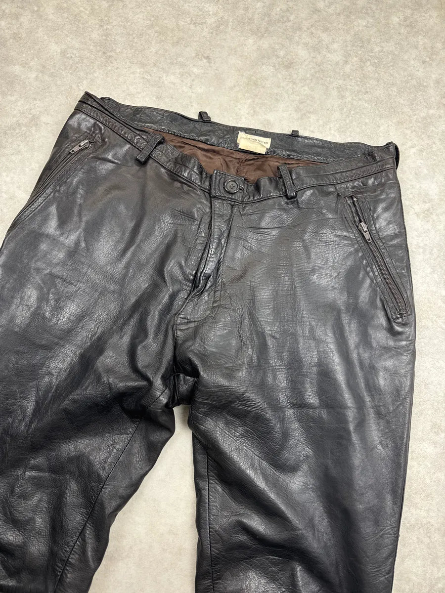 1990s Dries Van Noten Dark Brown Leather Zip Pocket Pants XnSQAgGF 5