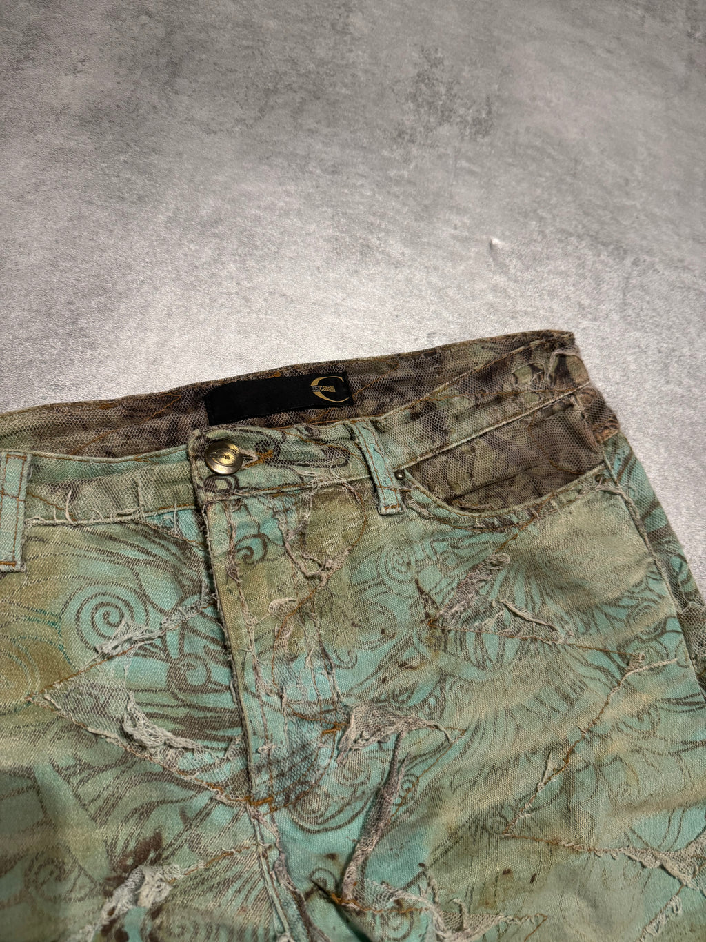 2000s Cavalli Destructured Artistic Floral Blue Pants (S) - 7