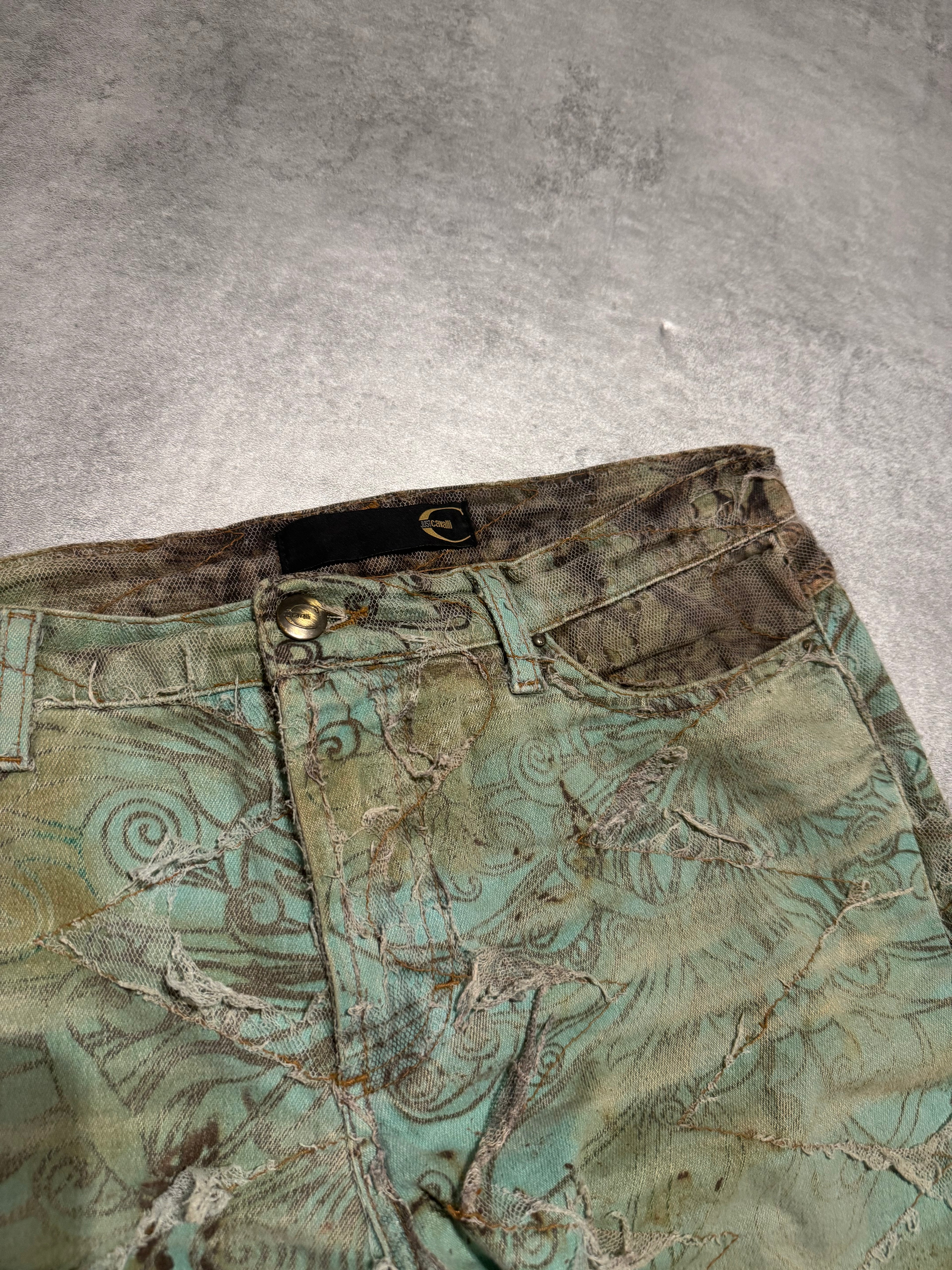 2000s Cavalli Destructured Artistic Floral Blue Pants (S) - 7