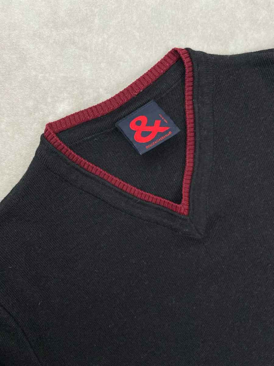 1990s Dolce & Gabbana Black & Red Merino Contrast V-Neck Sweater XqJFzkNA 5