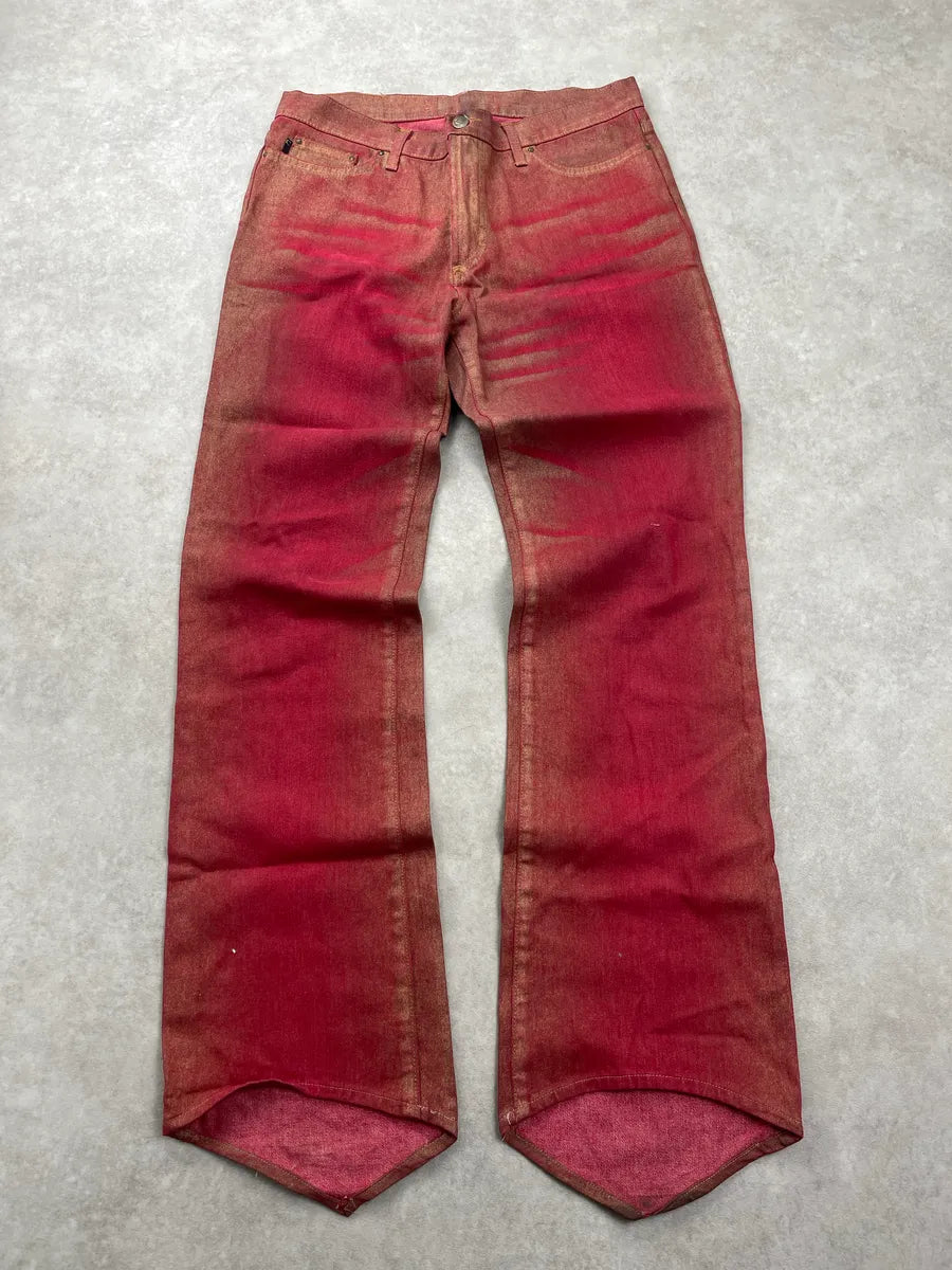 2000s Cavalli Red Denim Metallic Coated Extended Hem Jeans XxxLSSZF 3