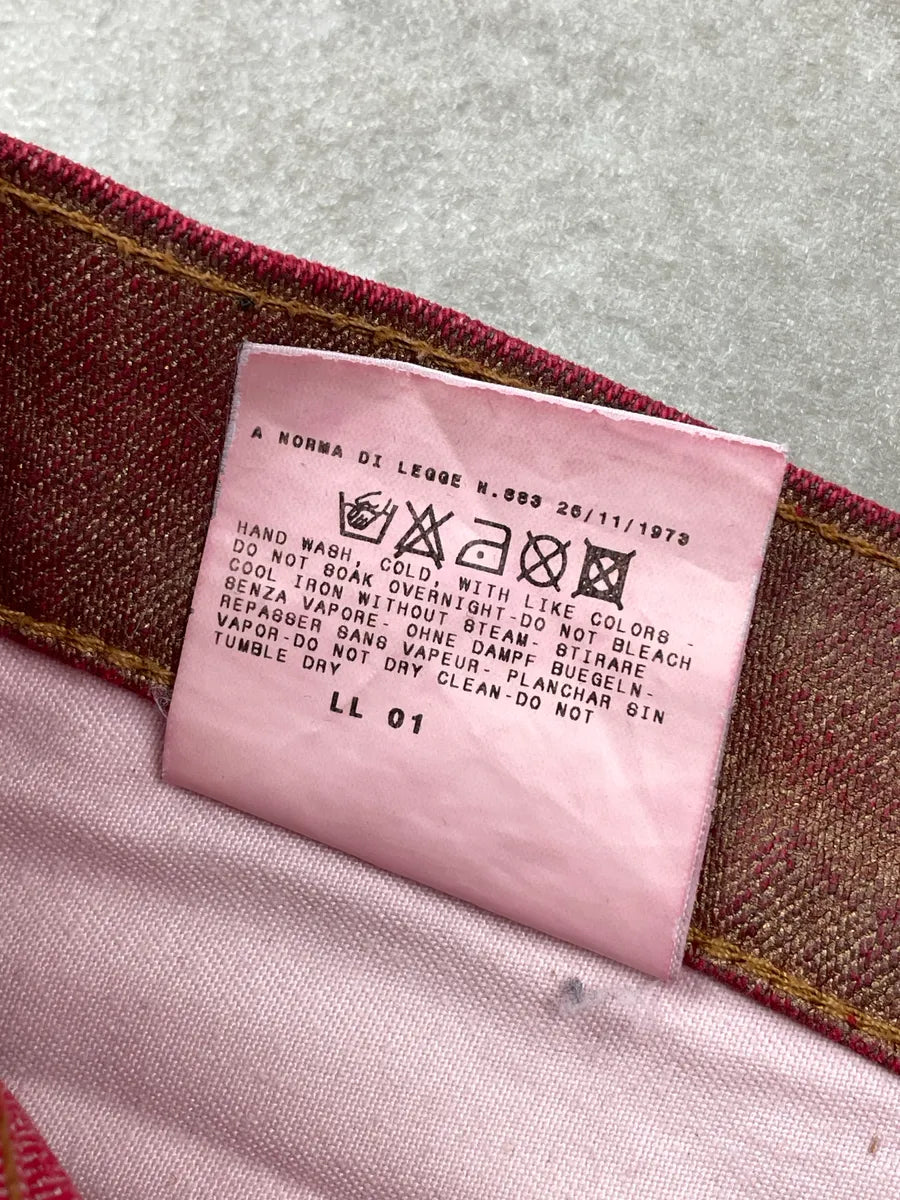 2000s Cavalli Red Denim Metallic Coated Extended Hem Jeans XxxLSSZF 13