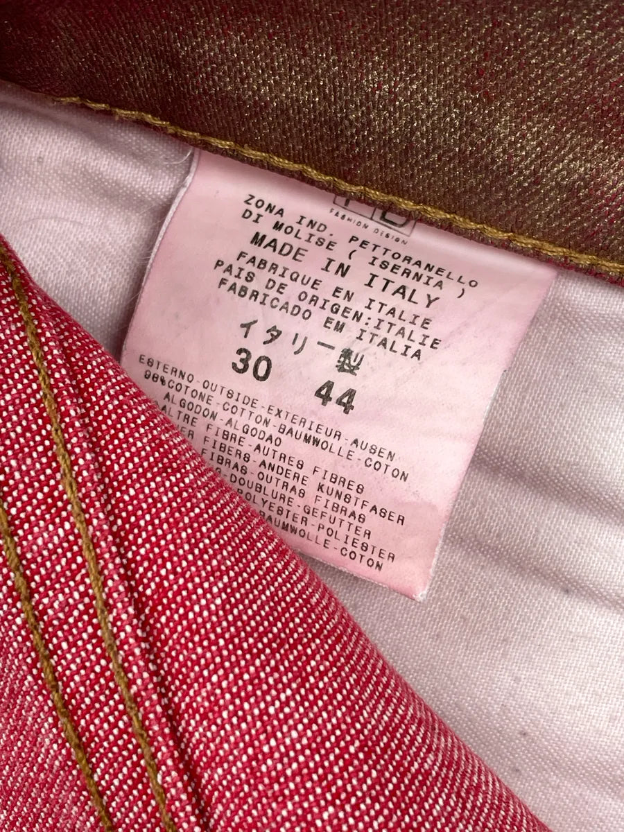 2000s Cavalli Red Denim Metallic Coated Extended Hem Jeans XxxLSSZF 14