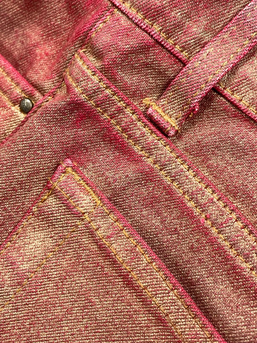 2000s Cavalli Red Denim Metallic Coated Extended Hem Jeans XxxLSSZF 10