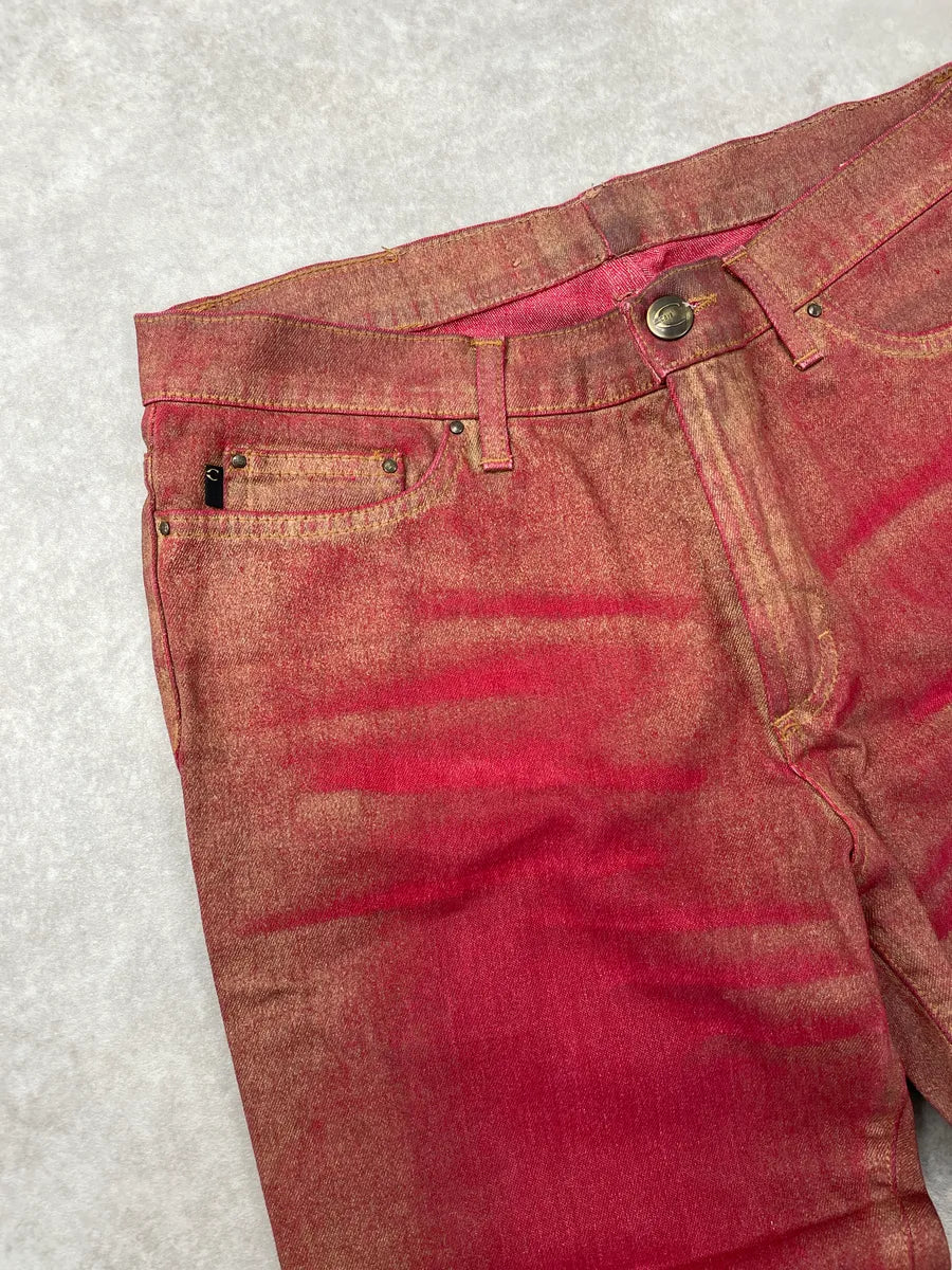 2000s Cavalli Red Denim Metallic Coated Extended Hem Jeans XxxLSSZF 5
